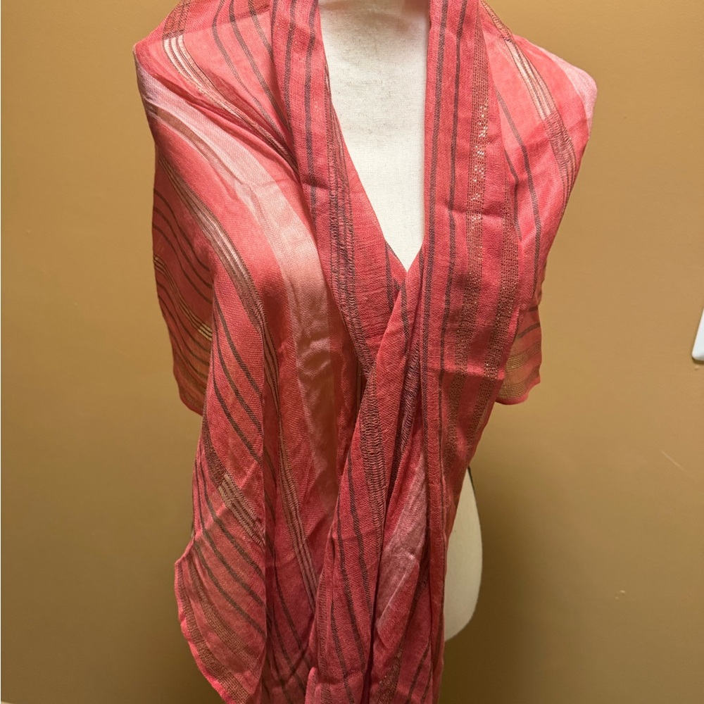 Talbots Red pink Metallic Scarf wrap fringed azlon made in India NWT - Picture 7 of 10